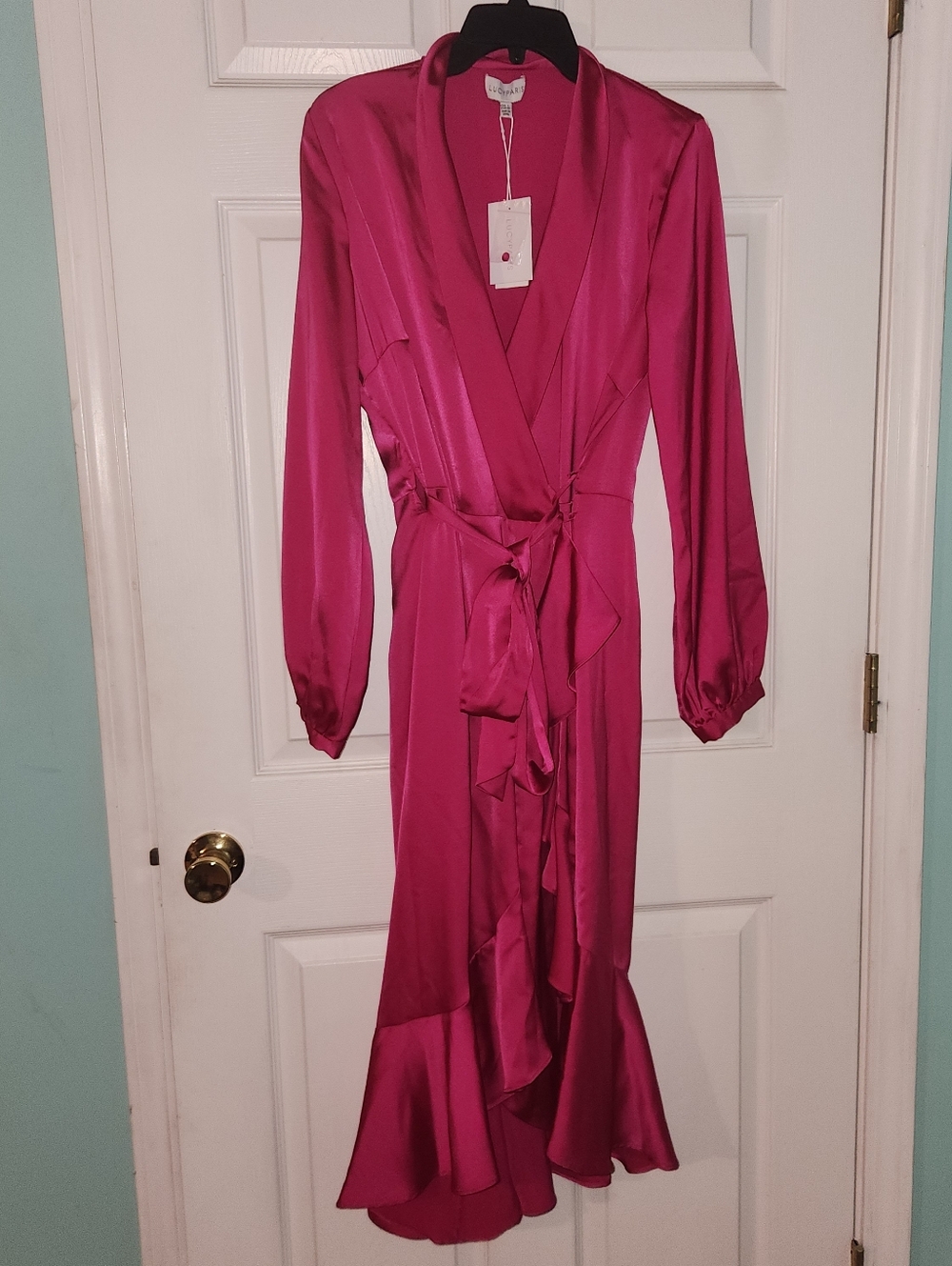 Lucy Paris Fuchsia Pink Satin Wrap Midi Dress